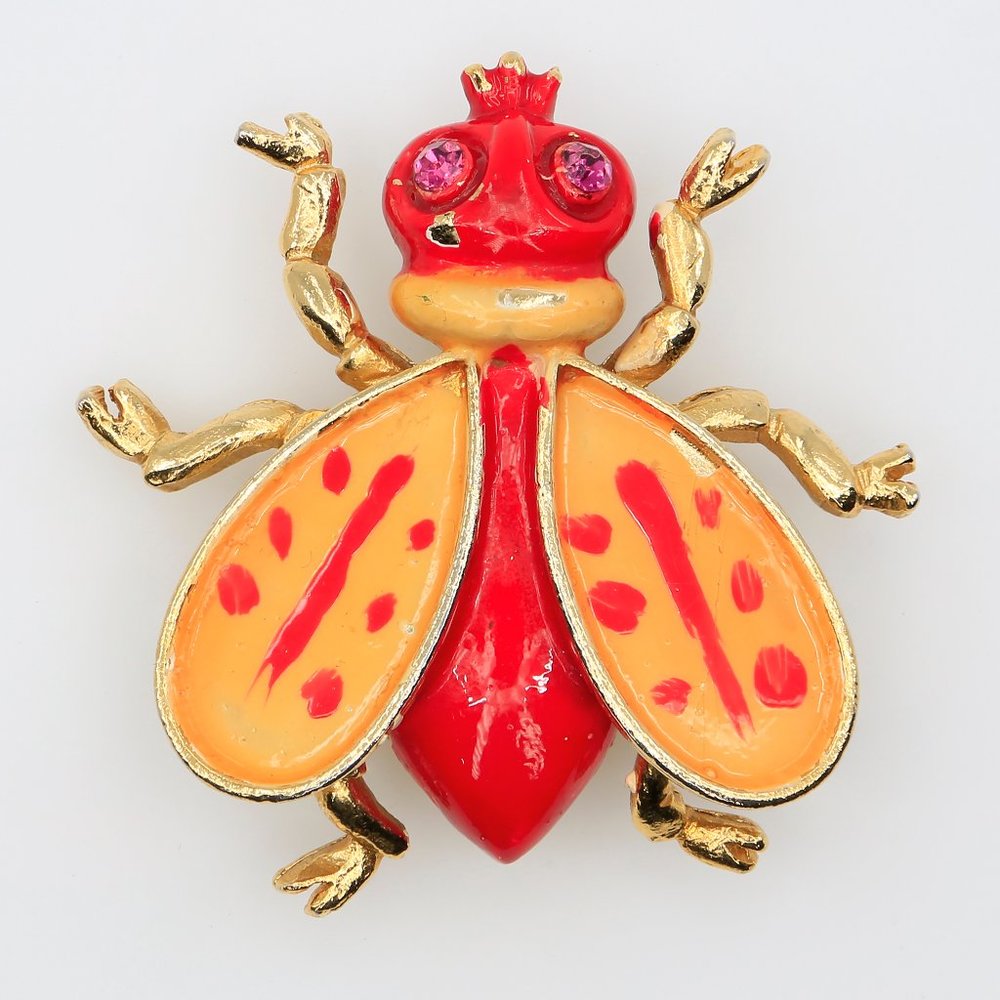Vintage Weiss Red Yellow Enamel & Rhinestone Gold Toned Insect Bug Brooch 1960s